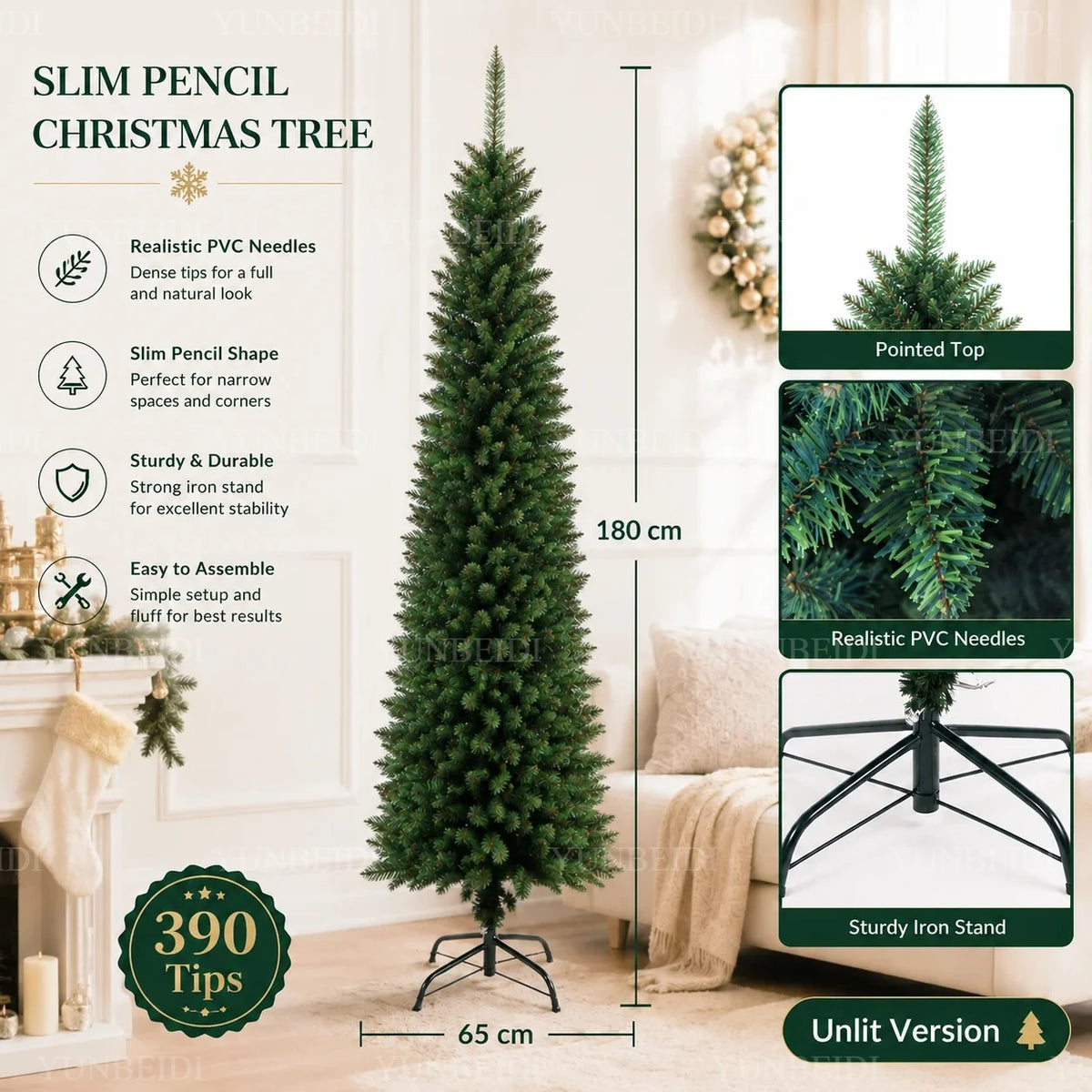 Slim Pencil Artificial Christmas Tree with Metal Stand, 120–210 cm Green PVC Tree with Optional Warm White USB Lights
