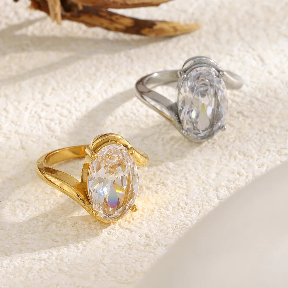 Elliptical Zircon Asymmetric Stainless Steel Women’s Ring – Gold Plated Fashion Jewelry