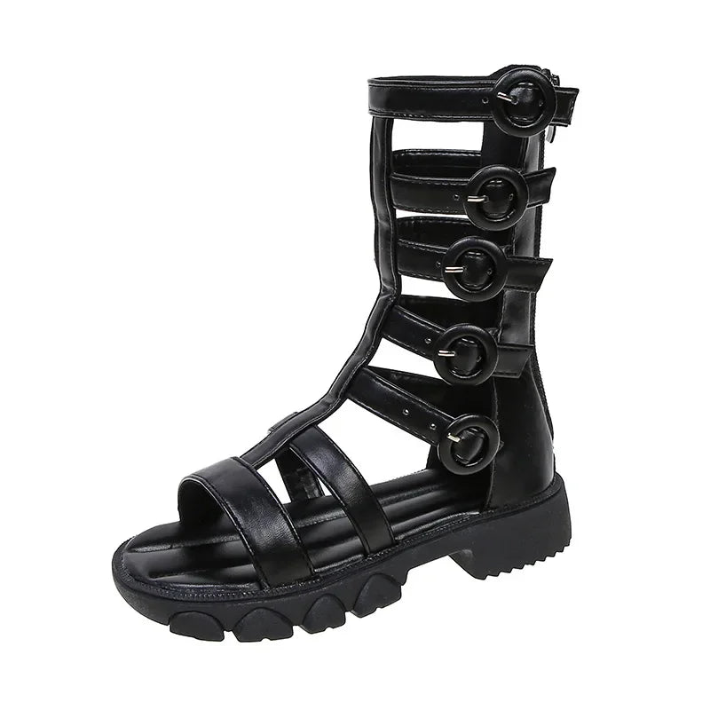 Girls' High-Top Roman Sandals – Soft Sole Summer Shoes for Children | Cut-Out Design, Buckle & Zipper | Princess Beach Sandals
