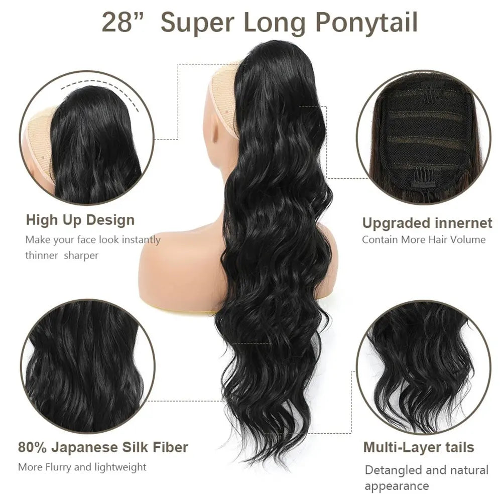 28-Inch Synthetic Drawstring Ponytail – Ombre Brown & Piano Blonde Body Wave, 180g Heat-Resistant Hair Extension