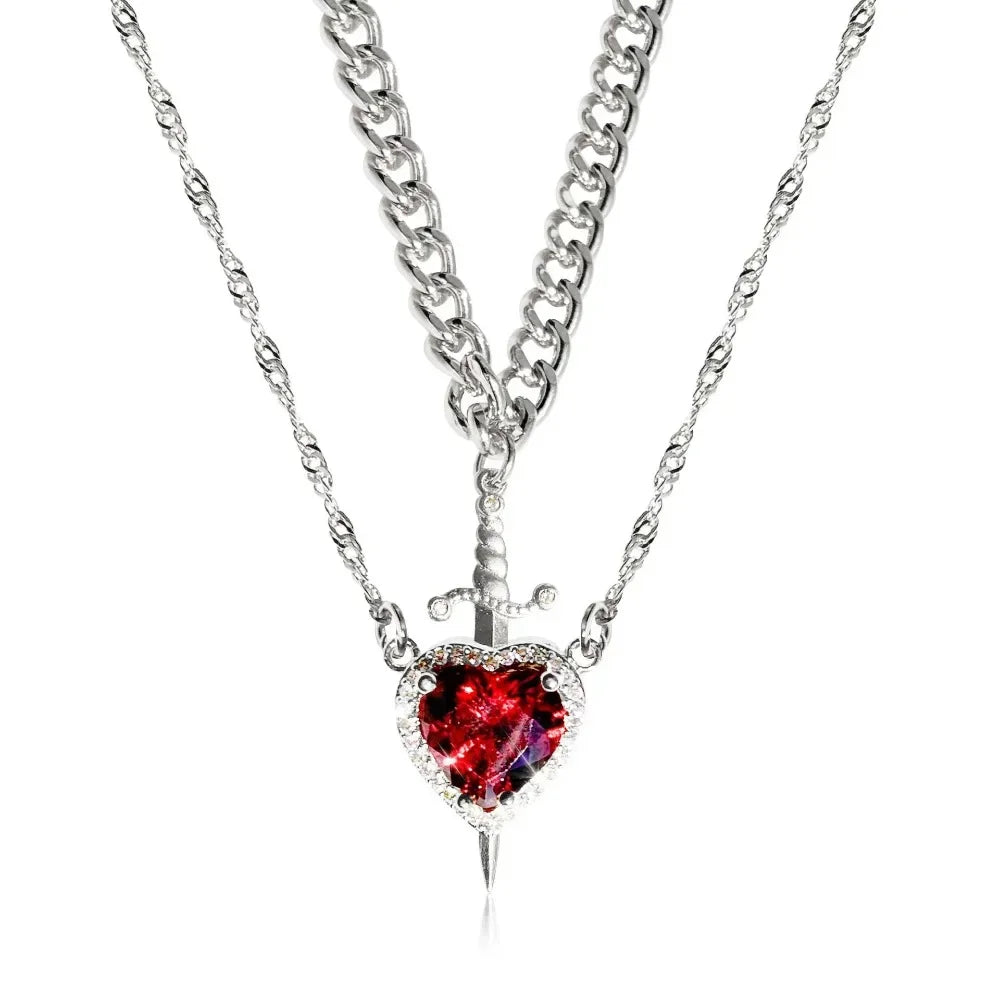 Snow White Inspired Heart & Sword Couple Necklace – Romantic Pendant Jewelry Gift for Women