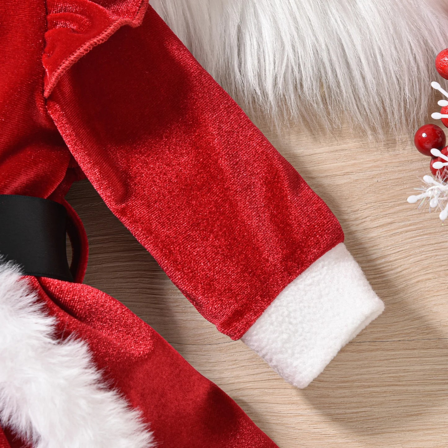 Baby Girl Christmas Outfit – Velvet Romper Dress with Terry Trim, Long Sleeve Jumpsuit & Santa Hat, 0–18 Months, Fall & Holiday Outfit