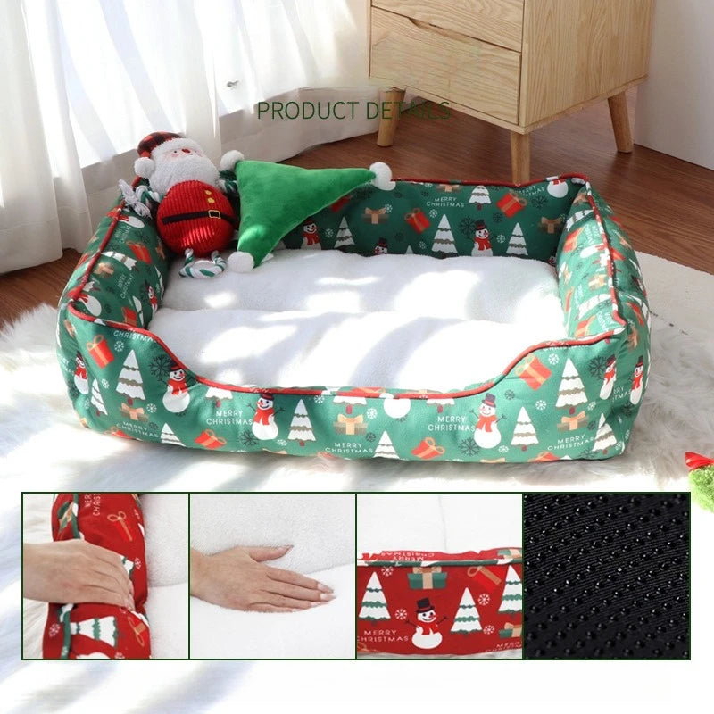 Christmas Cat and Small Dog Bed with Raised Bolster Sides and Soft Sleeping Cushion, Festive Indoor Pet Nest