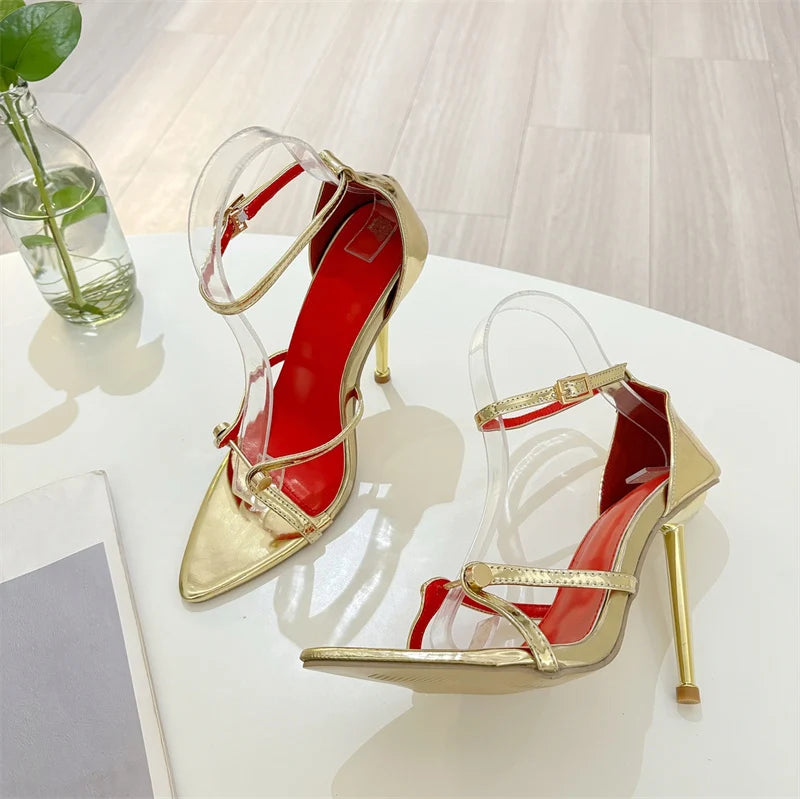 Women's Fashion Ankle Strap Heels – Open Toe Stiletto Sandals with Metal Detail | Party & Clubwear
