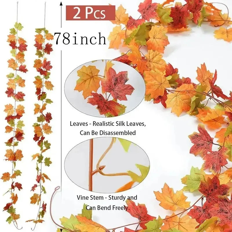 2M Artificial Maple Leaf Garland – Fall Faux Vine for Autumn Decor, Thanksgiving, Halloween, Weddings & Seasonal Home Decoration