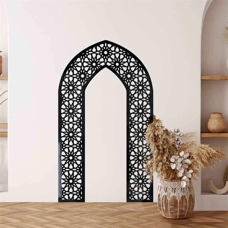 Islamic Arch Mirror Wall Sticker – Gold Acrylic 3D Mosque Frame Decal with Geometric Pattern for Ramadan & Eid Decor