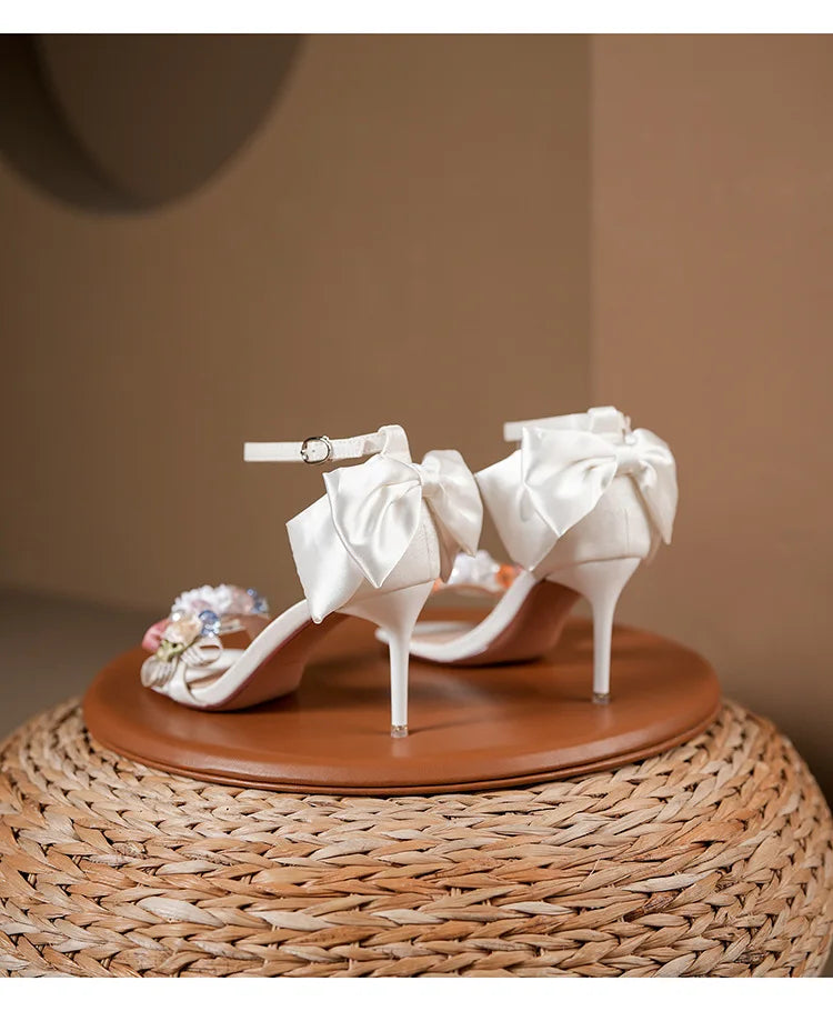 Women’s Open Toe High Heel Sandals – Satin Flower Bow, Buckle Strap, Elegant Dress & Wedding Shoes