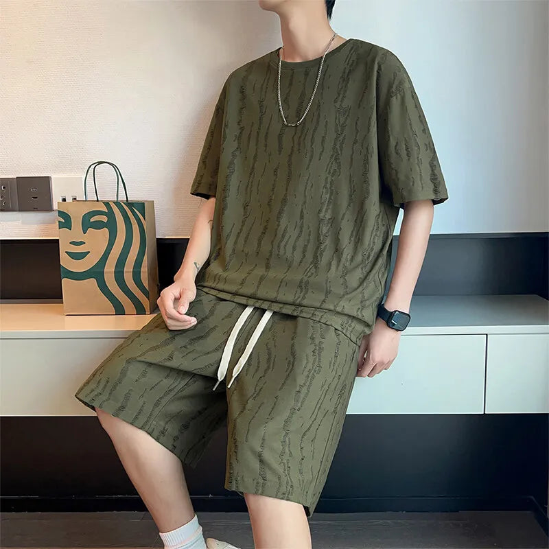 Plus Size 8XL Summer Men's Casual Tracksuit Set – Solid Color Short Sleeve T-Shirt + Shorts – 2-Piece Sportswear