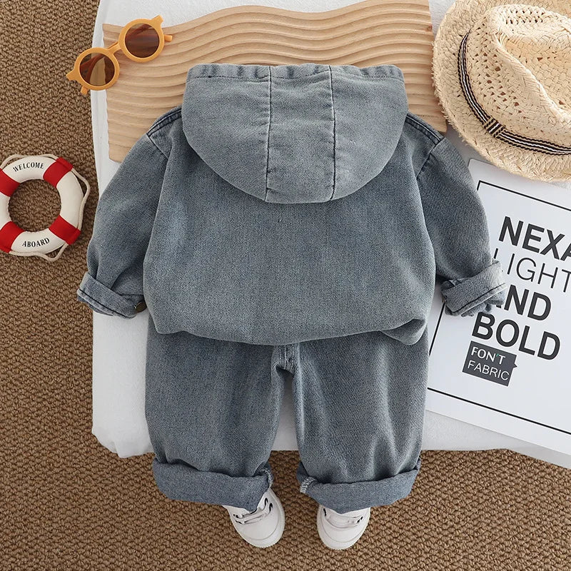 2025 Spring Autumn Children's Clothing Sets Baby Boys Girls Casual Hooded Letter Denim Sweatshirt+Jeans 2pcs Suit Kids Tracksuit