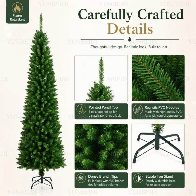 Slim Pencil Artificial Christmas Tree with Metal Stand, 120–210 cm Green PVC Tree with Optional Warm White USB Lights