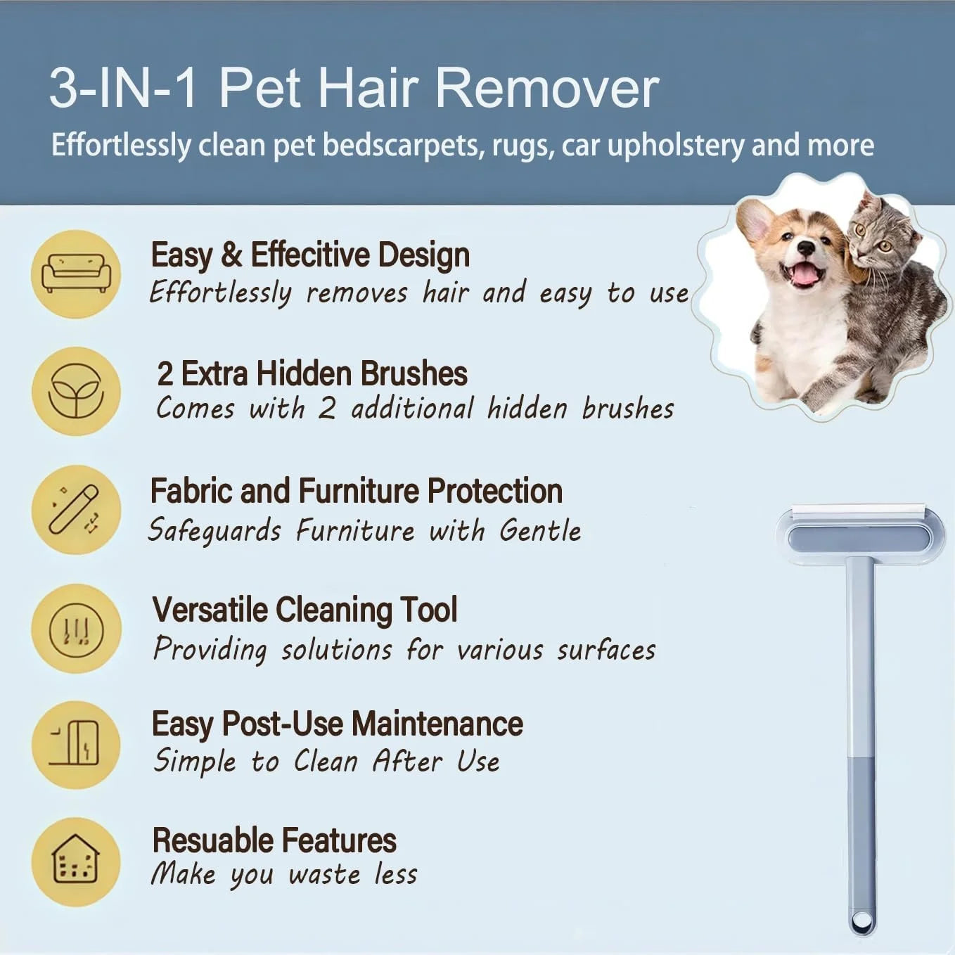 4-in-1 Pet Hair Remover Brush – Reusable Lint Roller for Sofa, Carpet, Clothes & Car