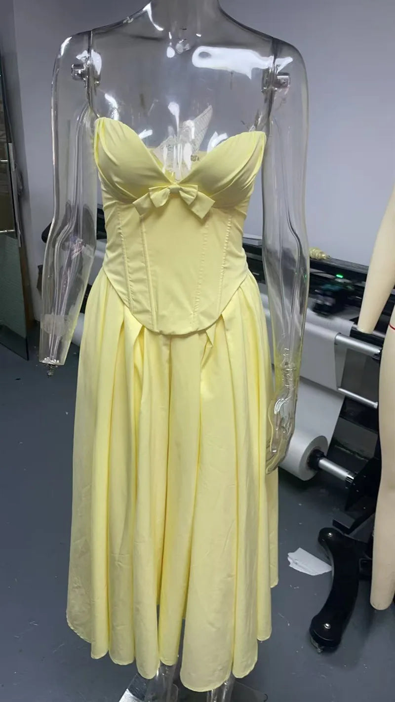 Elegant Off-Shoulder Strapless Midi Dress for Women – Sleeveless, Backless, A-Line Party Dress with Bow Detail