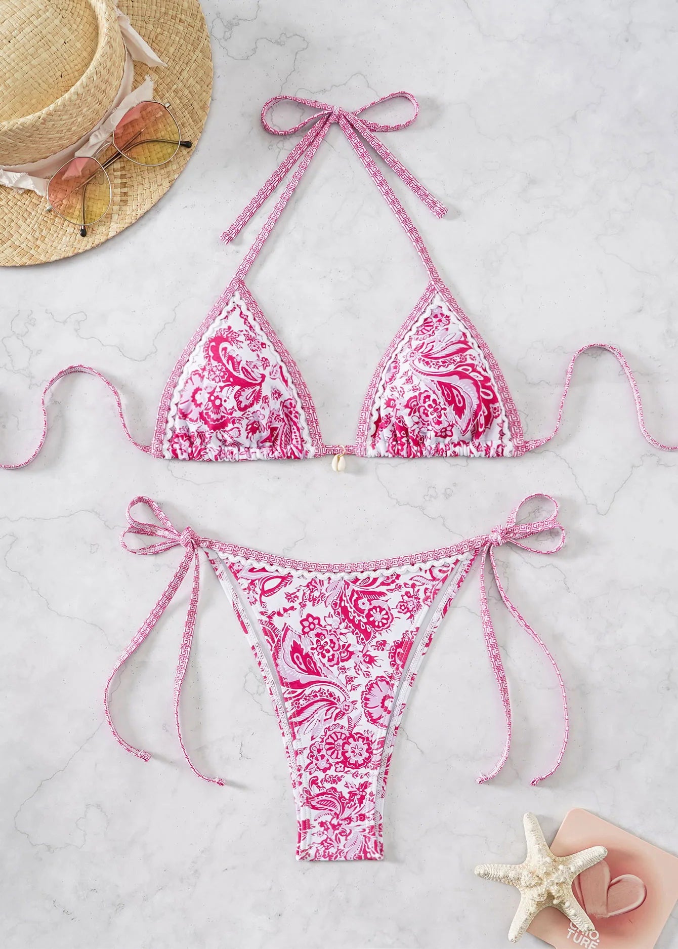 Women’s Blue Floral Print 2-Piece Bikini Set – Push-Up Bra and Thong Swimsuit for Beach and Swimwear