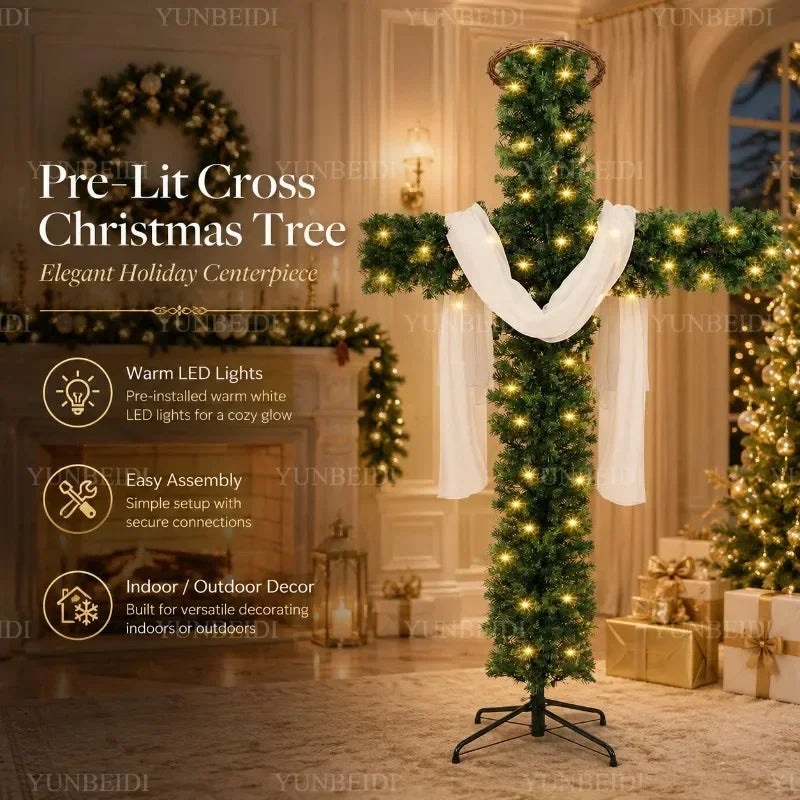 Cross-Shaped Artificial Christmas Tree with Metal Stand, 150 or 180 cm Green PVC Religious Holiday Decoration with Optional USB Lights