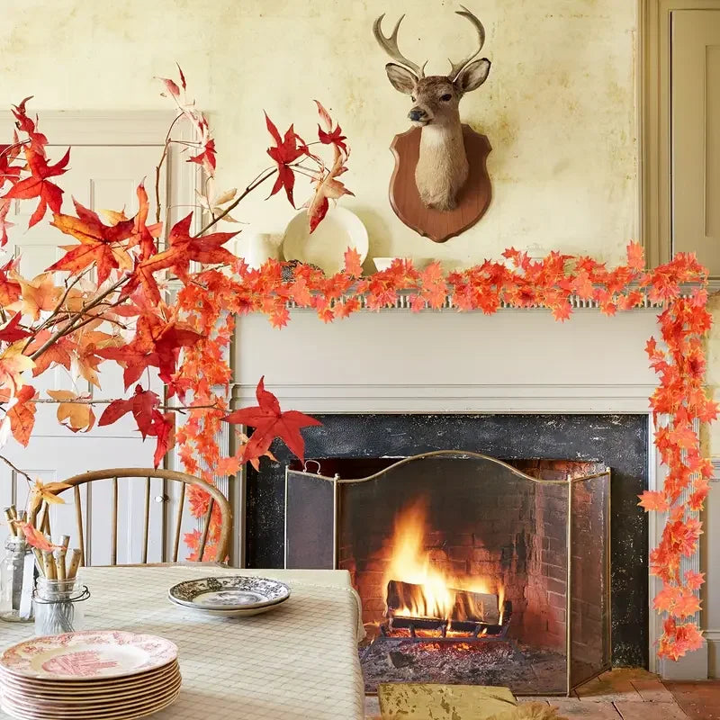 Artificial Autumn Maple Leaf Garland Hanging Vines for Fall, Thanksgiving and Halloween Mantel, Stair Railing and Party Decorations