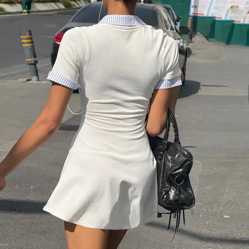 Short Sleeve Mini Dress – Square Neck Patchwork Striped High Waist Slim Fit Dress for Women