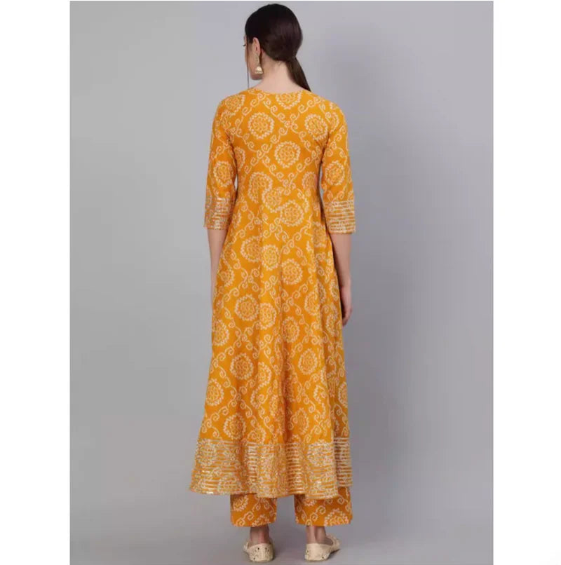 Women's Yellow Printed Cotton Indian Traditional Kurta Set with Pants & Dupatta (3-Piece)