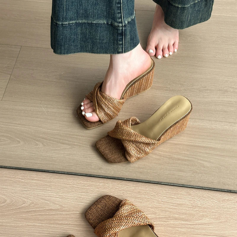 Women’s Designer Weave Wedge Slides – Open Toe Height Increase Summer Sandals, Fashion Outdoor Slip-On Dress Shoes