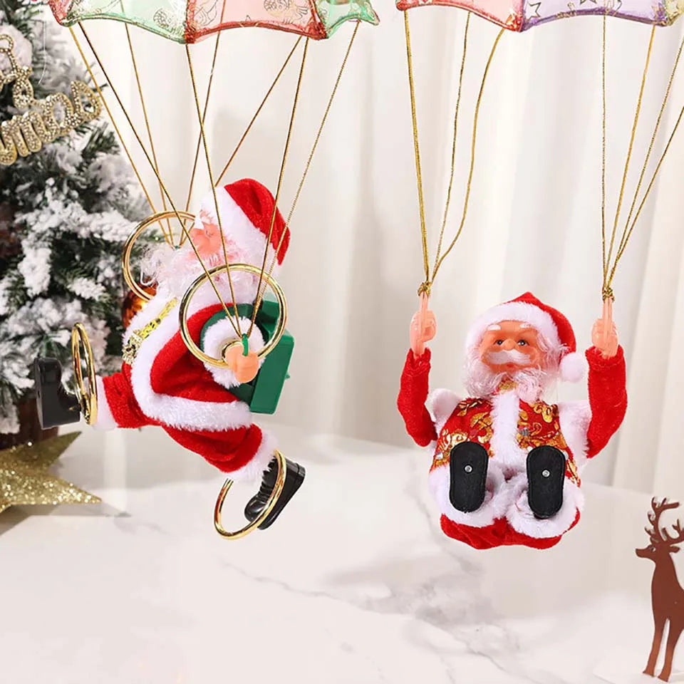 Battery-Operated Musical Santa Claus Parachute Ornament with Animated Flipping Motion, Hanging Indoor Christmas Decoration