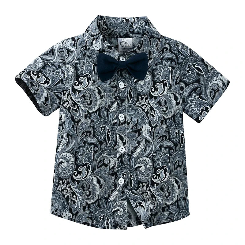 Baby Boys Floral Shirt & Shorts Set with Bowtie, Summer Gentleman Outfit for Infants and Kids