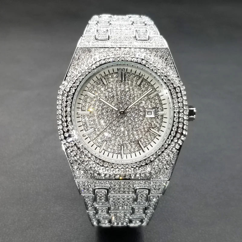 MISSFOX Luxury Diamond Iced Out Men's Quartz Watch, Arabic Numerals Waterproof