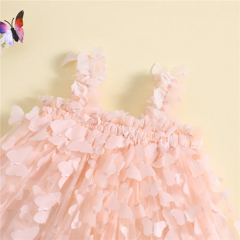 Toddler Kids Baby Girls Dress 3D Butterfly Solid Color Sleeveless Sling Dress Summer Sweet Casual Princess Dress