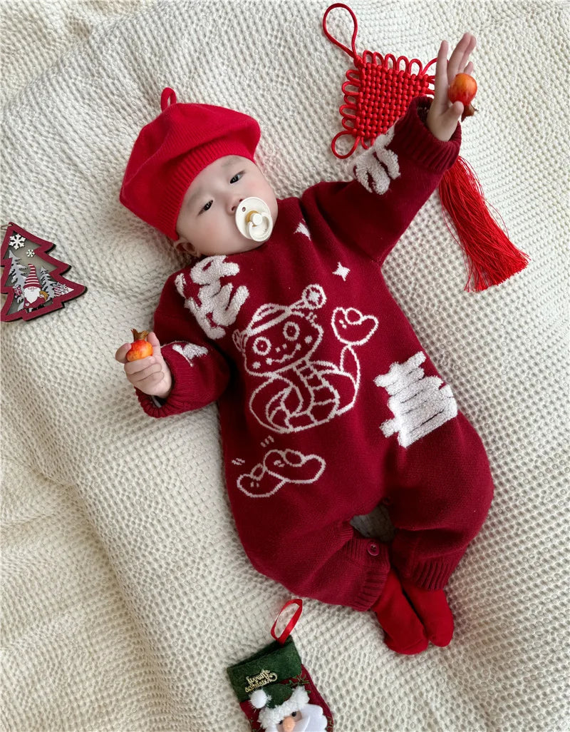 New Year Matching Family Red Chinese Sweater Father Mother and Daughter Son Snake Knit Jumper Infant Baby Knit Romper