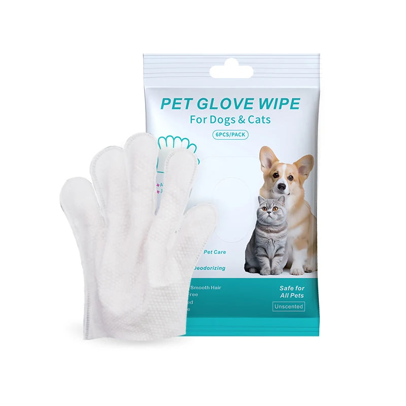 6PCS Pet Cleaning Gloves – Wash-Free Deodorizing Wipes for Cats & Dogs, Disposable Dry Bath Grooming Gloves