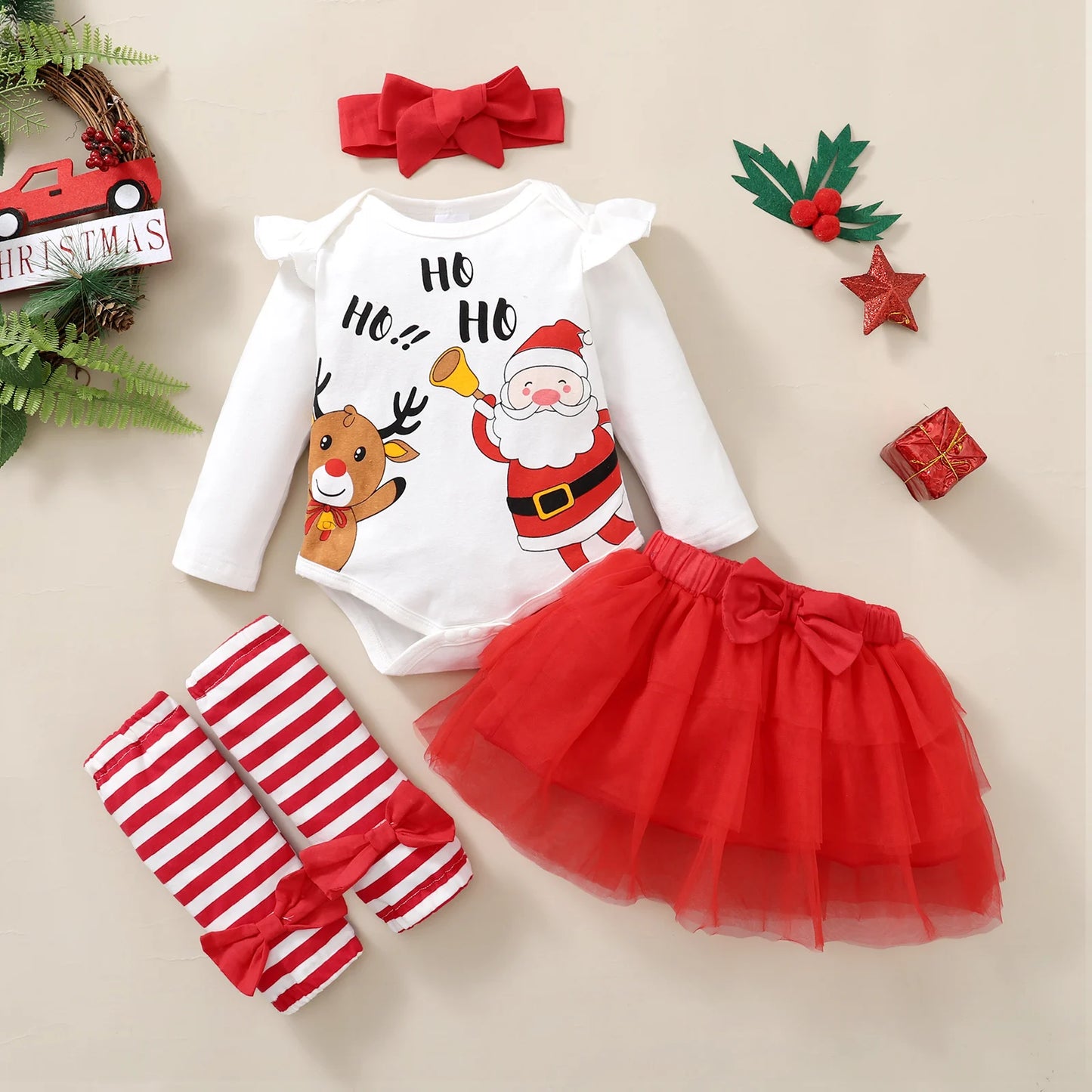 Infant Baby Girl Christmas Set – Bodysuit, Skirt, Headband & Socks (0–18 Months)