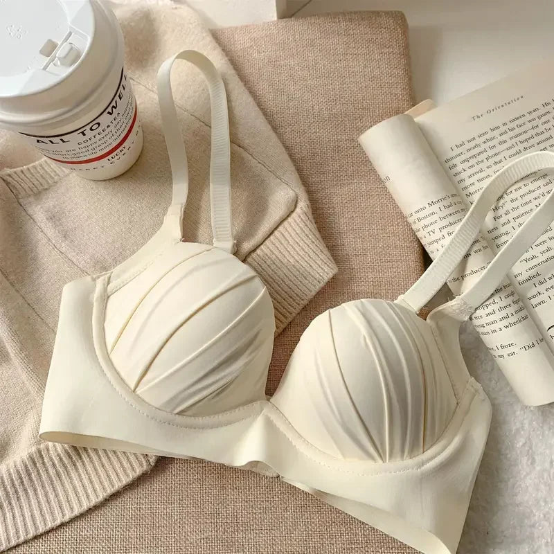 2025 New Pleated Bras Push Up Bra Small Chest No Steel Ring Wirelss Soft Bra Solid Color Sweet Seamless Bra