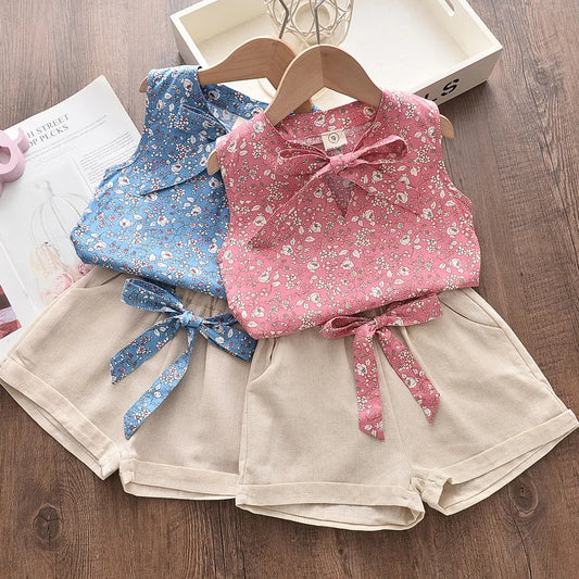 Girls Outfits Floral Blue and Pink Blouse T-shirt Pants for Summer 2PCS Suit Infant & baby Girl  kid's Clothes 2-6 Years