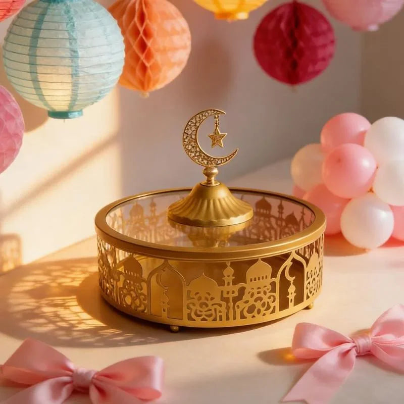 Decorative Iron Serving Tray for Snacks & Candies – Large Capacity Storage Plate for Islamic, Ramadan & Eid Celebrations