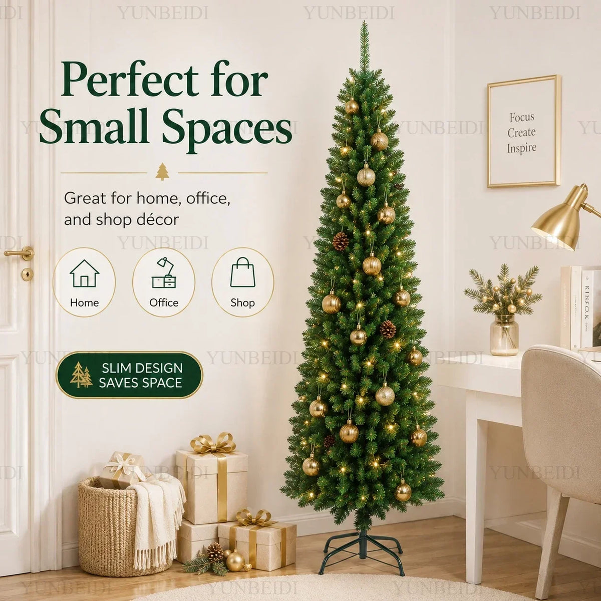 Slim Pencil Artificial Christmas Tree with Metal Stand, 120–210 cm Green PVC Tree with Optional Warm White USB Lights