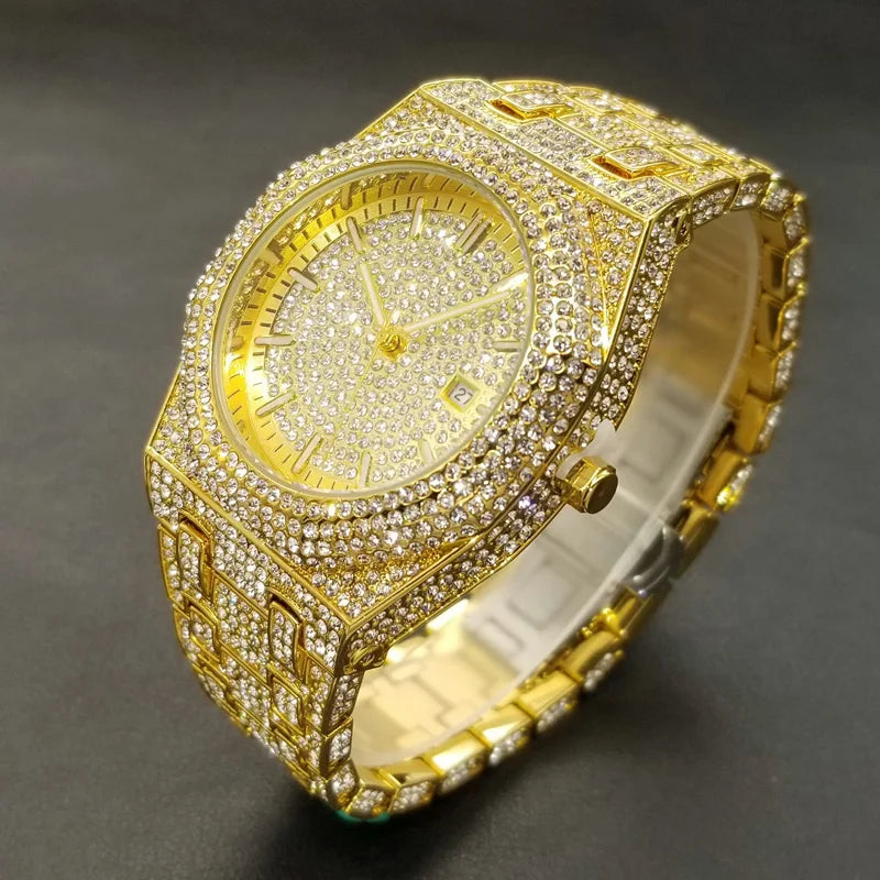 MISSFOX Luxury Diamond Iced Out Men's Quartz Watch, Arabic Numerals Waterproof