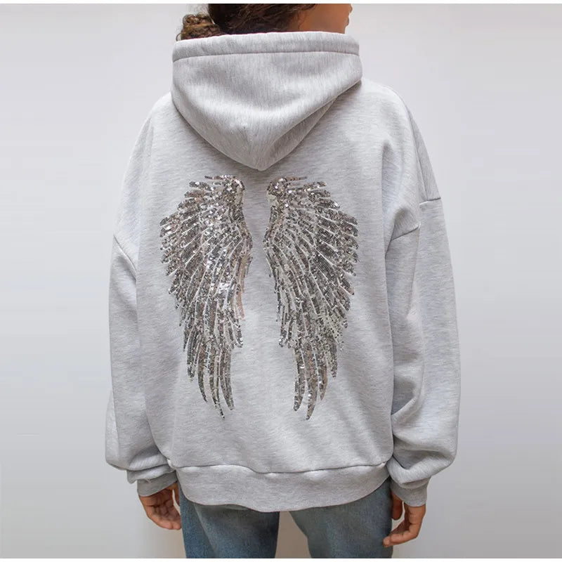 Women’s Sequined Wing Hooded Sweatshirt, Casual Long Sleeve Loose Fit Hoodie