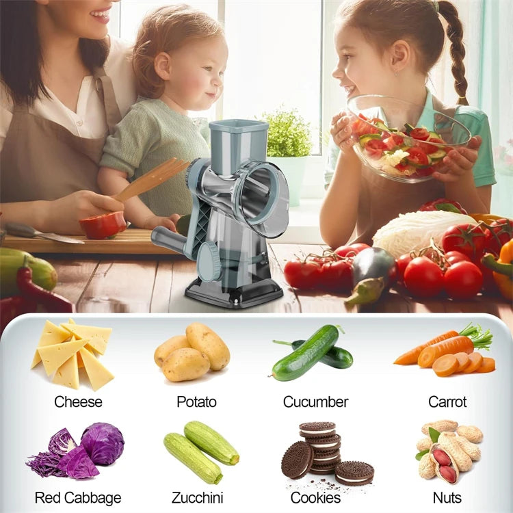 3-in-1 Rotary Cheese Grater – Manual Vegetable Slicer and Nut Grinder with Stainless Steel Blades