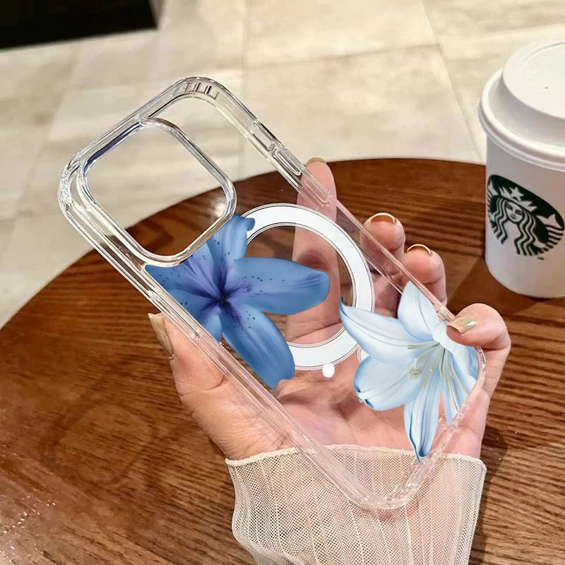 Elegant Blue Lily Pattern Silicone Phone Case