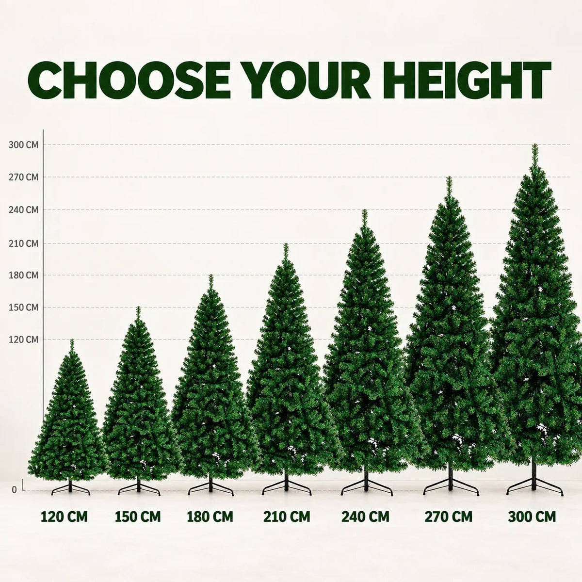 Green Artificial Christmas Tree with Metal Stand, 120–300 cm PVC Holiday Tree with Optional Separate Warm White USB Light String