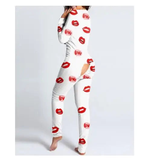 Women’s Christmas Button-Front Pajama Jumpsuit with Back Flap Holiday One-Piece Loungewear