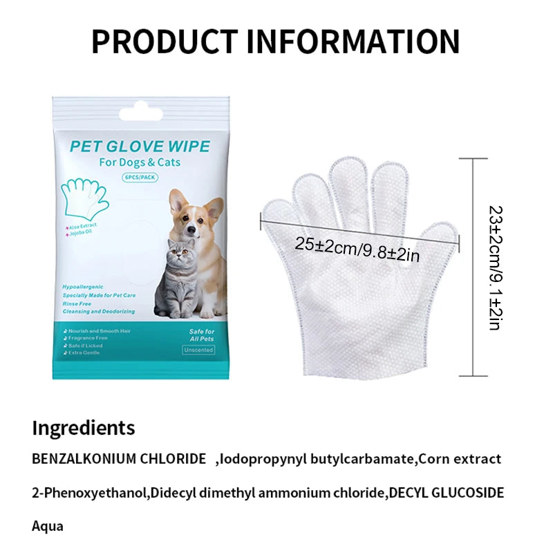6PCS Pet Cleaning Gloves – Wash-Free Deodorizing Wipes for Cats & Dogs, Disposable Dry Bath Grooming Gloves