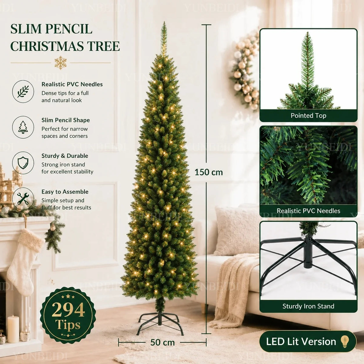 Slim Pencil Artificial Christmas Tree with Metal Stand, 120–210 cm Green PVC Tree with Optional Warm White USB Lights