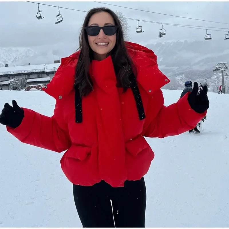 Women’s Hooded Cotton Winter Jacket – Solid Color Short Coat with Zipper Pockets, Warm Casual Outerwear