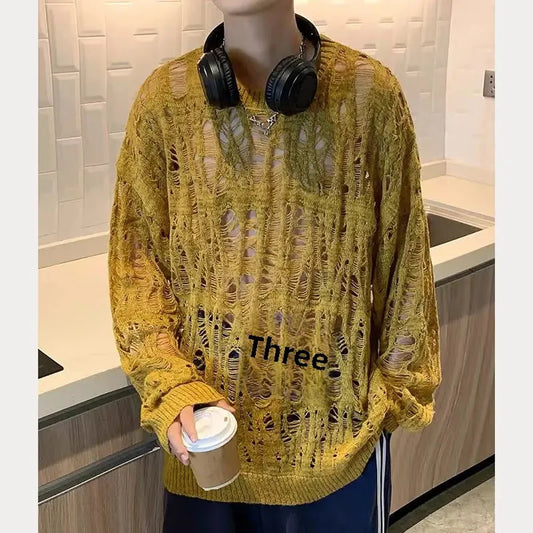 Early Autumn Thin Hollow-Out Knitted Top – Unisex Loose-Fit Pullover Sweater
