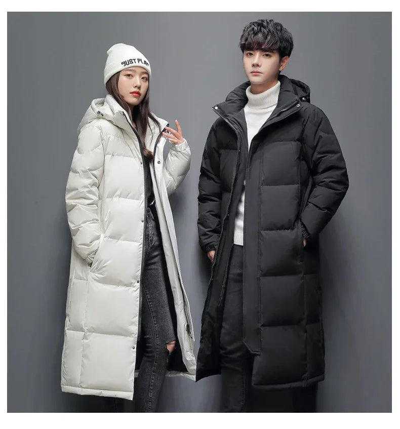 Winter Long White Down Jackets Men Women Hooded Thick Warm Over-the-Knee Puffer Jacket Man Overcoats Couple Padded Down Coat