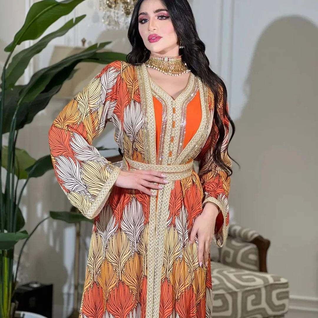 Long-Sleeved Jalabiya Set with Rhinestone Details and Woven Ribbon