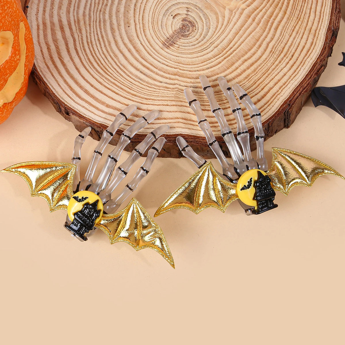 Halloween Skeleton Hand Hair Clips with Bat Wings, Pumpkin and Ghost Details for Gothic Hairstyles, Cosplay Costumes and Themed Parties