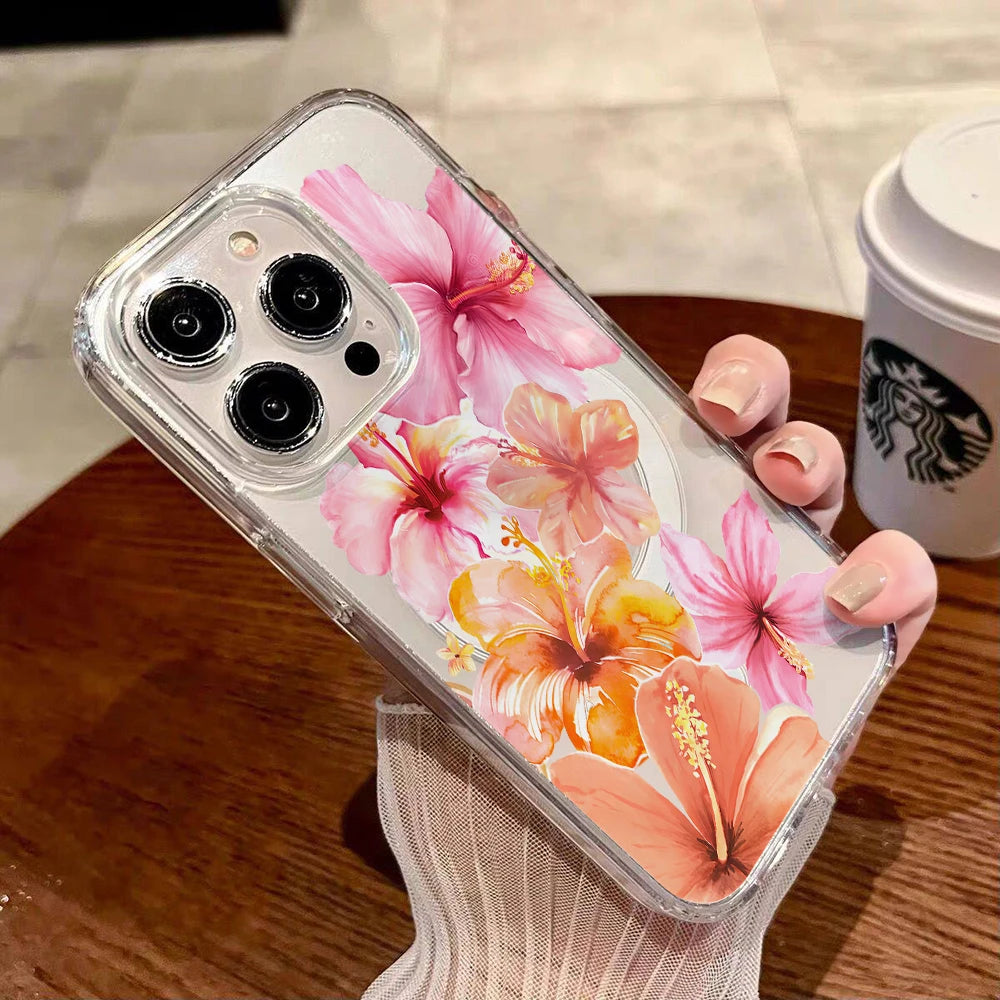Pink Lily Cherry Blossom Magnetic Clear Phone Case for iPhone