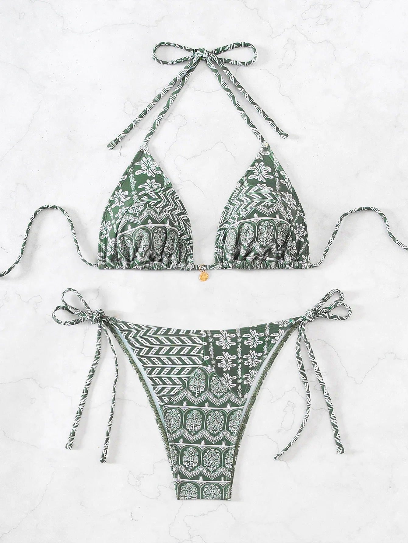 Women’s Blue Floral Print 2-Piece Bikini Set – Push-Up Bra and Thong Swimsuit for Beach and Swimwear