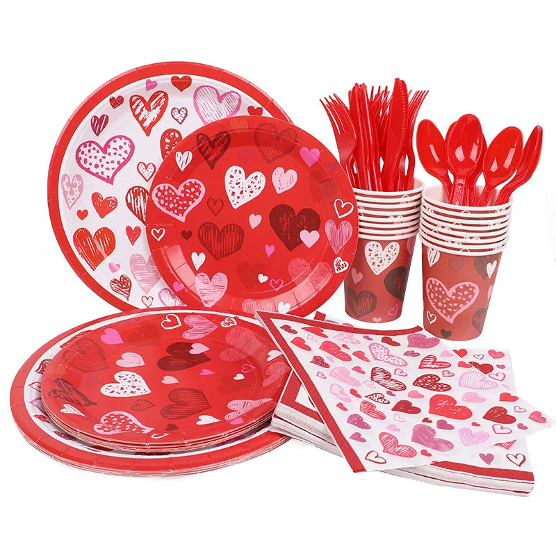 Love Heart Disposable Tableware Set – Paper Plates, Cups, Napkins & Tablecloth for Valentine’s Day, Wedding, Anniversary & Party Decor