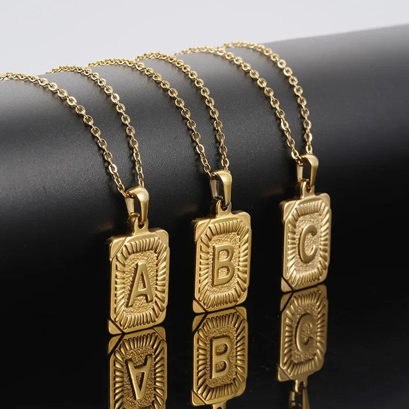 Initial Letter Pendant Necklace – Stainless Steel Cuban Link Chain, Square Charm Alphabet Necklace for Men & Women, Couple Gift Jewelry